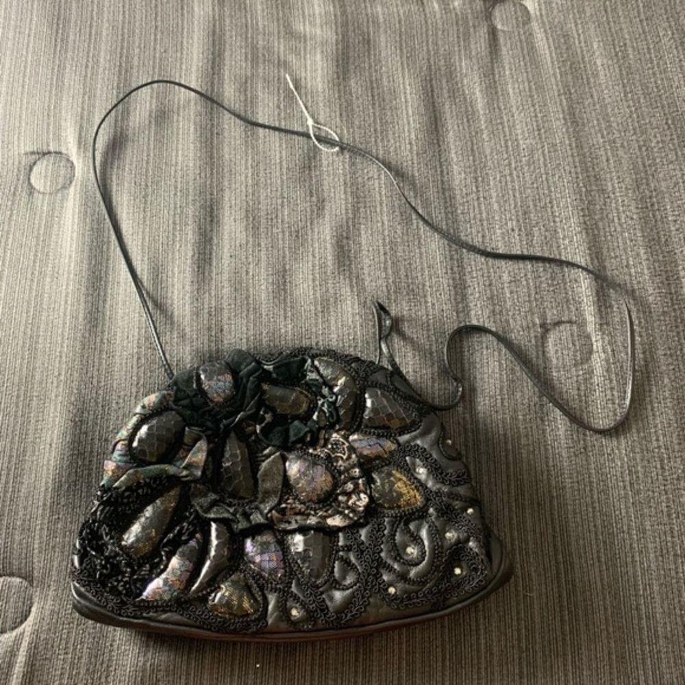 Vintage Rita Diana for Mylinka Leather Suede Embroidered Shoulder Bag Black